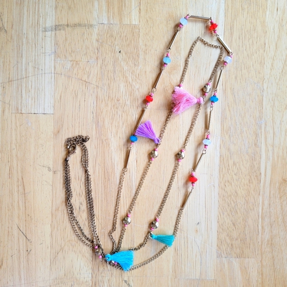 Boho Hippie Chic Colorful Beaded Tassel Necklace 18" Double Chain